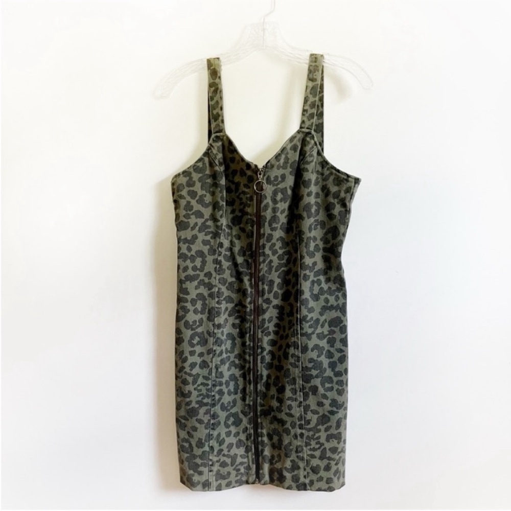 She + Sky jumper olive green brown cheetah print denim sleeveless zip up